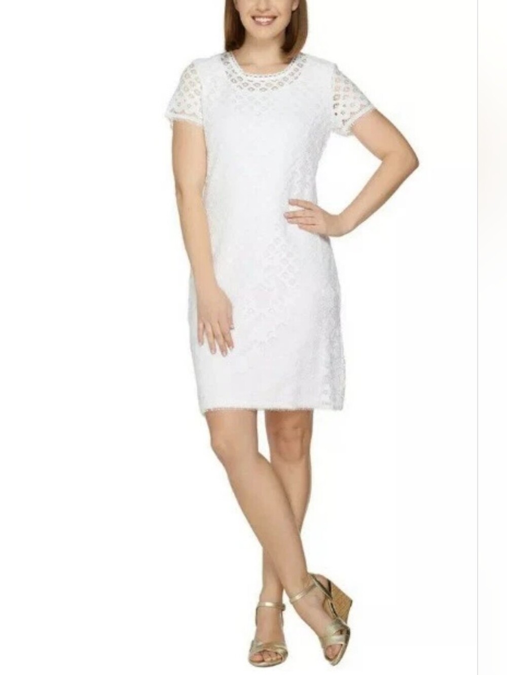 Isaac Mizrahi Live White Lace Overlay Short Sleeve Shift Dress Size M